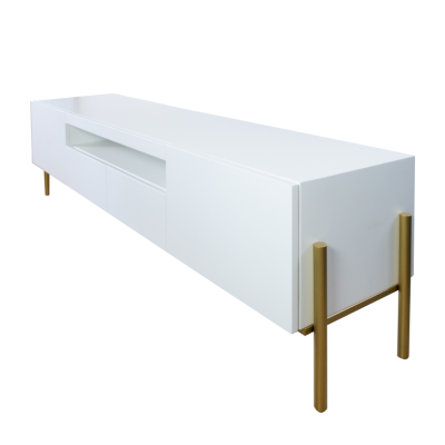 Móvel de TV branco moderno com pernas douradas