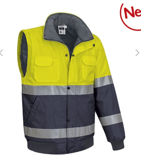 Casaco desmontável bicolor de Alta Visibilidade, facilmente conversível em colete através de fechos nas mangas. Casaco desmontável bicolor de Alta Visibilidade, facilmente conversível em colete através de fechos nas mangas.