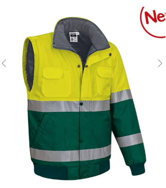 Casaco desmontável bicolor de Alta Visibilidade, facilmente conversível em colete através de fechos nas mangas. Casaco desmontável bicolor de Alta Visibilidade, facilmente conversível em colete através de fechos nas mangas.