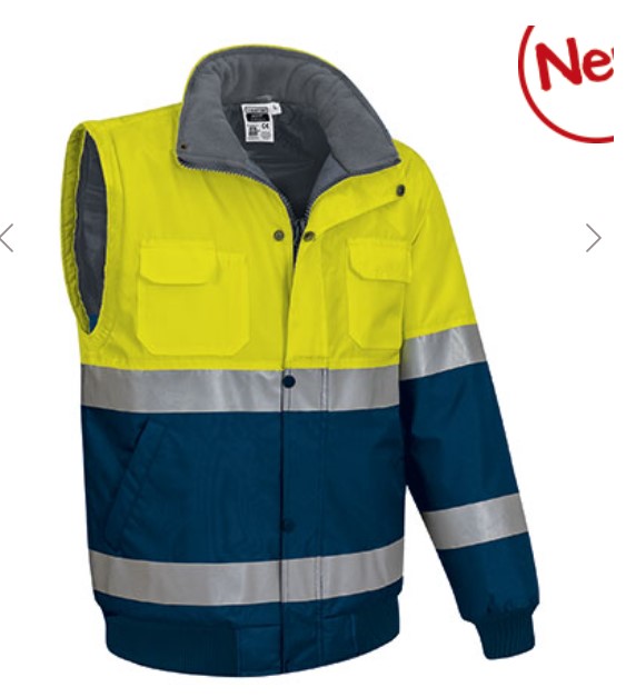 Casaco desmontável bicolor de Alta Visibilidade, facilmente conversível em colete através de fechos nas mangas. Casaco desmontável bicolor de Alta Visibilidade, facilmente conversível em colete através de fechos nas mangas.