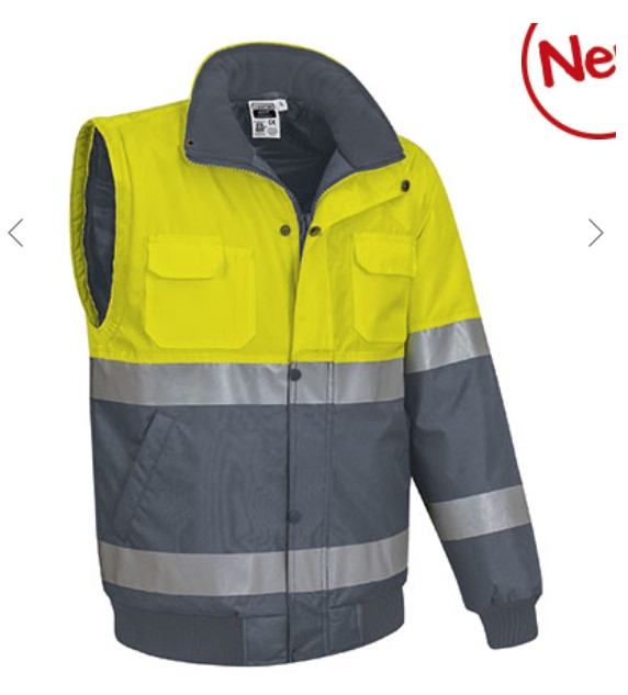 Casaco desmontável bicolor de Alta Visibilidade, facilmente conversível em colete através de fechos nas mangas. Casaco desmontável bicolor de Alta Visibilidade, facilmente conversível em colete através de fechos nas mangas.