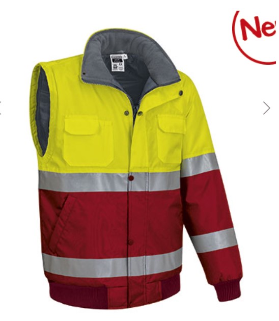 Casaco desmontável bicolor de Alta Visibilidade, facilmente conversível em colete através de fechos nas mangas. Casaco desmontável bicolor de Alta Visibilidade, facilmente conversível em colete através de fechos nas mangas.