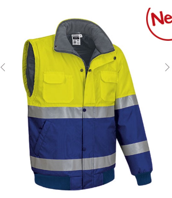 Casaco desmontável bicolor de Alta Visibilidade, facilmente conversível em colete através de fechos nas mangas. Casaco desmontável bicolor de Alta Visibilidade, facilmente conversível em colete através de fechos nas mangas.