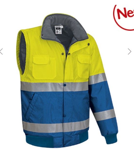 Casaco desmontável bicolor de Alta Visibilidade, facilmente conversível em colete através de fechos nas mangas. Casaco desmontável bicolor de Alta Visibilidade, facilmente conversível em colete através de fechos nas mangas.