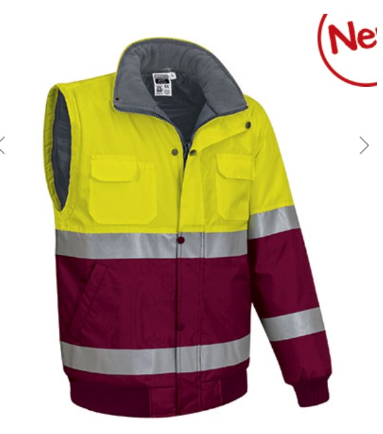 Casaco desmontável bicolor de Alta Visibilidade, facilmente conversível em colete através de fechos nas mangas. Casaco desmontável bicolor de Alta Visibilidade, facilmente conversível em colete através de fechos nas mangas.