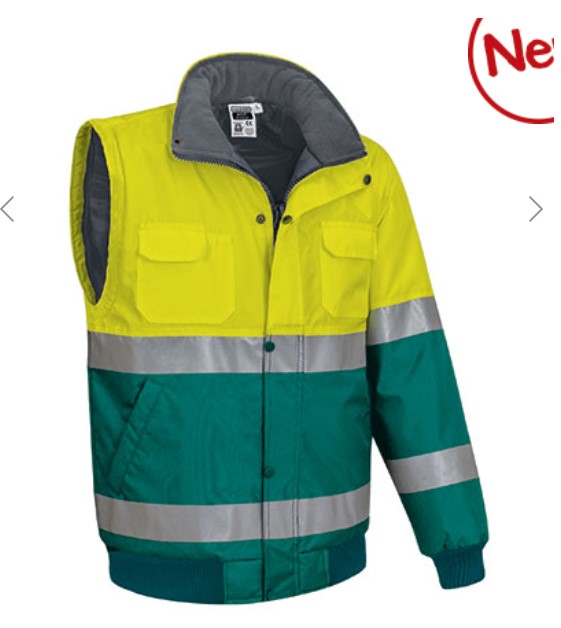Casaco desmontável bicolor de Alta Visibilidade, facilmente conversível em colete através de fechos nas mangas. Casaco desmontável bicolor de Alta Visibilidade, facilmente conversível em colete através de fechos nas mangas.