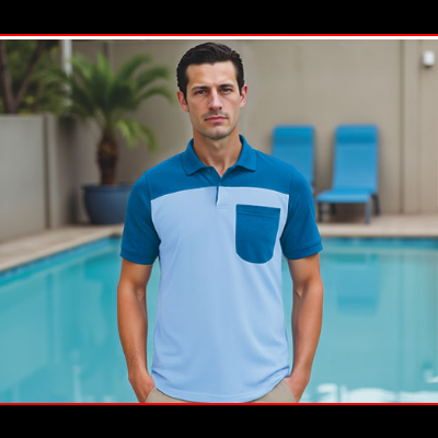 Homem com polo azul bicolor perto de piscina com cadeiras azuis