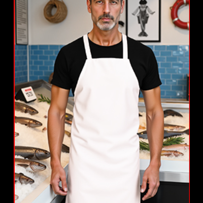 Homem com avental branco numa peixaria