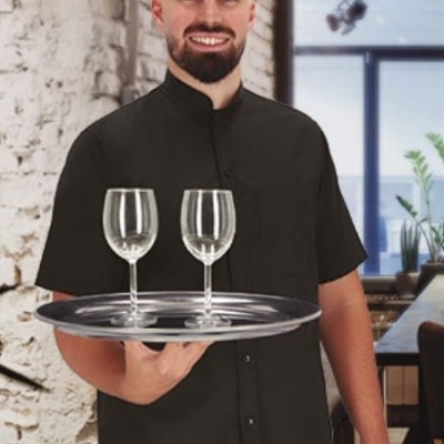 Camisa de manga curta e bolso com gola redonda tipo Mao 65% poliester 35% algodão 120 Grs.