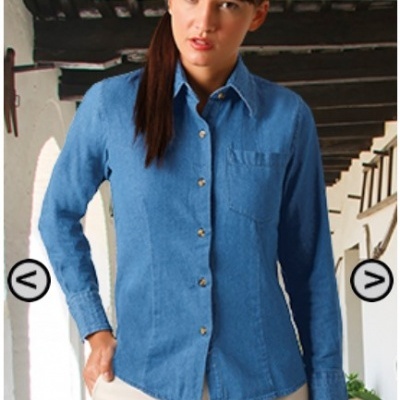 Camisa Senhora 100% algodão. Tecido denim prelavado 200 grs/m2.