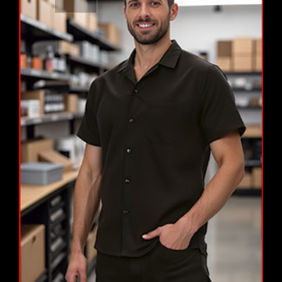 Homem de camisa preta de botão e calças pretas em armazém com prateleiras e caixas