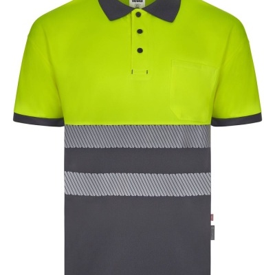 Polo poliéster reciclado bicolor manga curta faixas refletoras segmentadas