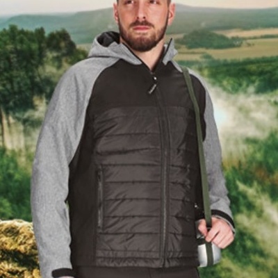 Casaco com capuz softshell acolchoado e desenho bicolor 450 Grs.100% Poliester