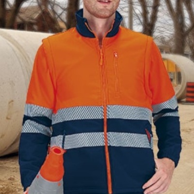Casaco softshell bicolor destacável de alta visibilidade, facilmente convertível em colete por meio de fechos nas mangas 80% poliester  15 %poliuretano 5% elastano