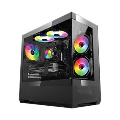 PC gaming com ventiladores RGB e caixa de vidro transparente