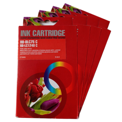 Cinco embalagens vermelhas de cartuchos de tinta com texto e imagem de flores