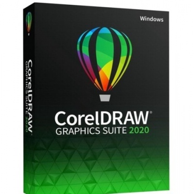 Caixa do software CorelDRAW Graphics Suite 2020 para Windows com balão colorido