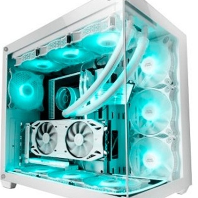 Computador branco com painel de vidro e ventoinhas azuis iluminadas