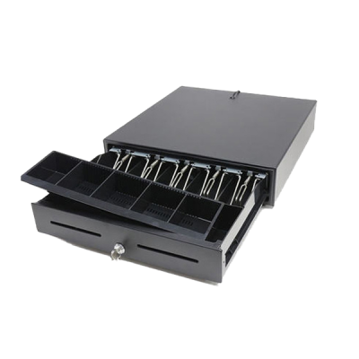 Gaveta de dinheiro metálica preta aberta com divisórias para moedas e notas
