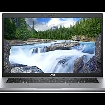 Computador portátil Dell cinza com teclado preto e ecrã a mostrar rio e floresta