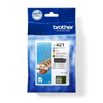 Embalagem azul de tinteiro original Brother LC421 com informações de compatibilidade para impressoras