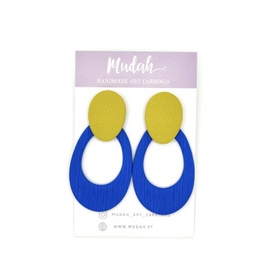 Brincos amarelos e azuis em cartão Mudah