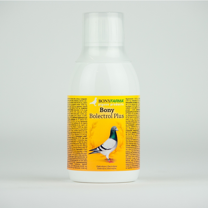 Bony Bolectrol Plus Frasco branco de produto para pombos Bony Bolectrol Plus com rótulo amarelo