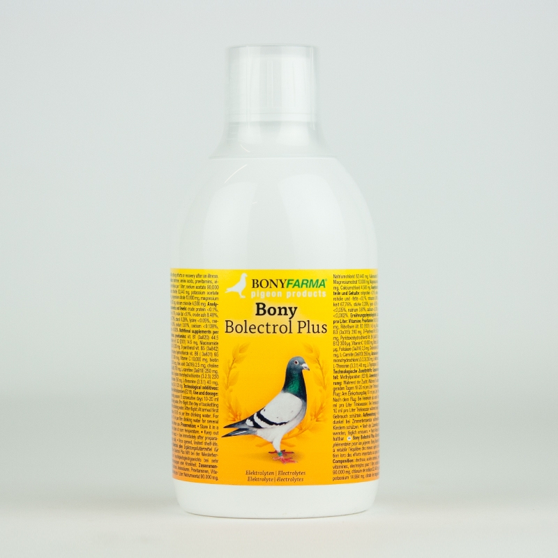 Bony Bolectrol Plus Frasco branco com rótulo amarelo e imagem de pombo