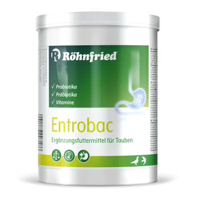 Recipiente branco de suplemento alimentar Entrobac para pombos com rótulo verde e branco