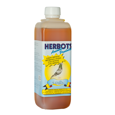 Frasco plástico com líquido castanho e etiqueta com imagem de pombo