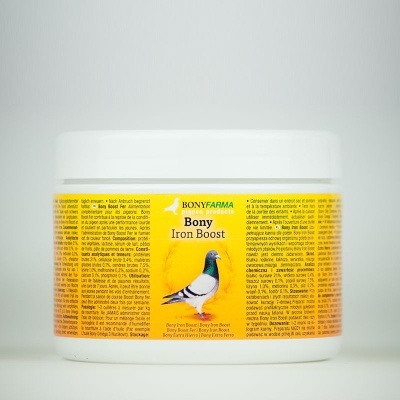 Frasco branco com etiqueta amarela e laranja e imagem de um pombo