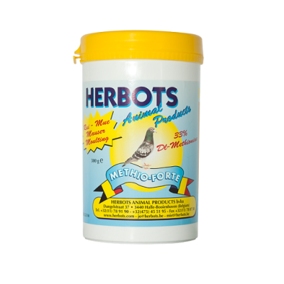 Pote branco com tampa amarela do produto HERBOTS METHIO-FORTE para pombos