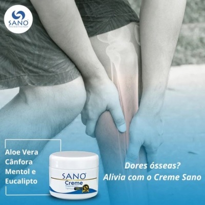 Frasco de creme SANO com ingredientes e pessoa segurando joelho em fundo desfocado