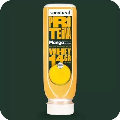 Frasco transparente com líquido amarelo e rótulo preto e amarelo de proteína sabor manga