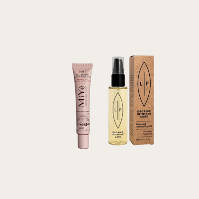 Produtos de cuidado íntimo feminino MiYé e LP com embalagem e frasco