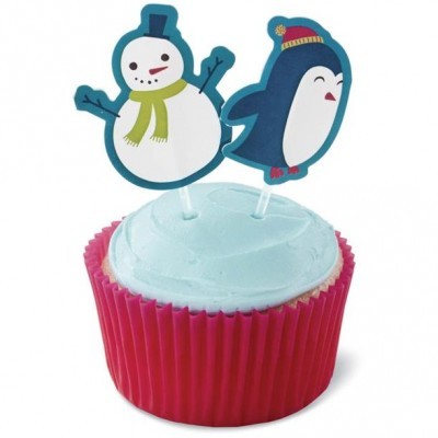 Cupcake com decoração de boneco de neve e pinguim em papel