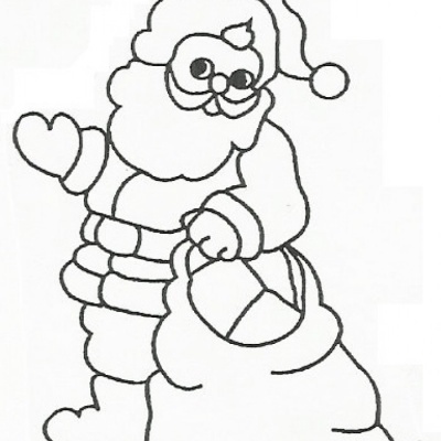 Desenho a preto e branco de Pai Natal com chapéu e saco grande