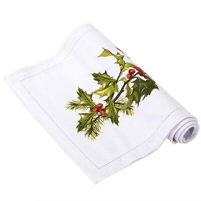 Toalha branca decorativa com bordado de ramo de azevinho