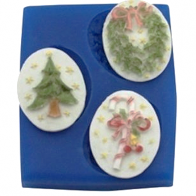 Forma de silicone azul com moldes de natal ovais decorados