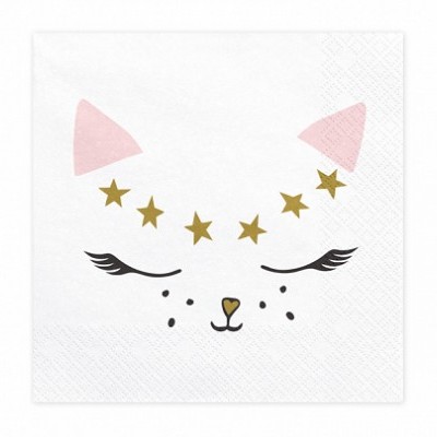 Guardanapo de papel branco com ilustração de gato e estrelas douradas