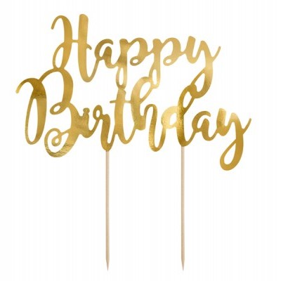 Topo de bolo dourado com texto 'Happy Birthday'