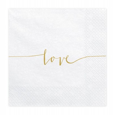 Guardanapo de papel branco com a palavra 'love' em dourado