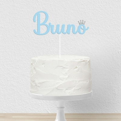 Topo Bolo Acrílico Nome Coroa Prateada