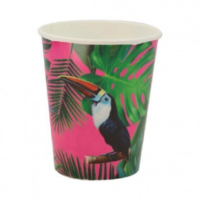 Copo descartável de papel com design de tucano e folhas tropicais