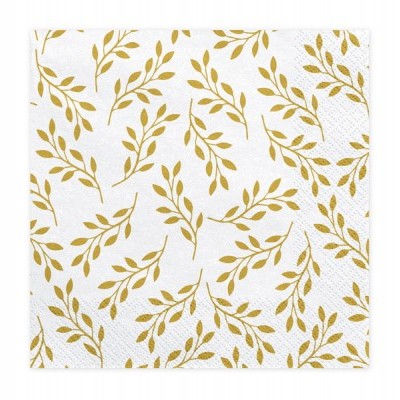 Guardanapo quadrado de papel com folhas douradas em fundo branco