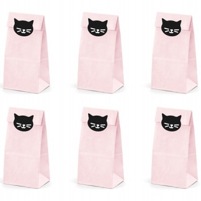 Seis sacos de papel rosa com selo preto de cabeça de gato