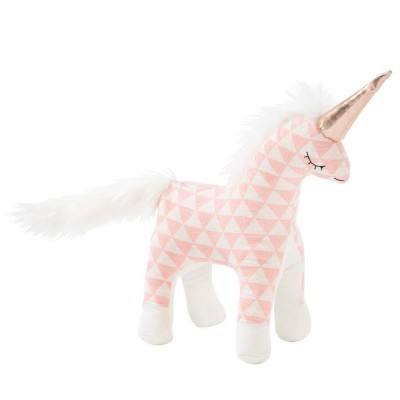 Unicórnio de pelúcia rosa e branco com chifre dourado