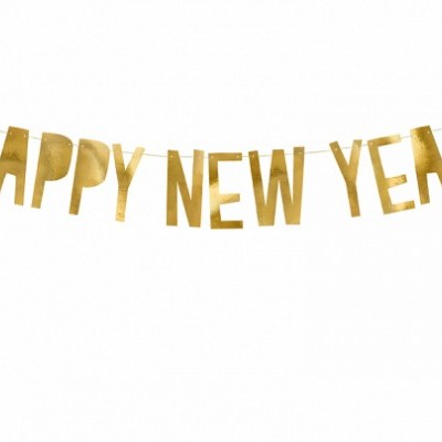 Faixa decorativa dourada com texto HAPPY NEW YEAR