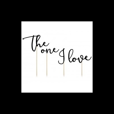 Topo de bolo decorativo preto com as palavras The one I love em paus de madeira