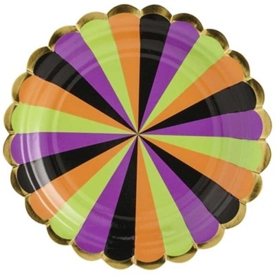 Prato de papel colorido com padrão espiral e borda dourada